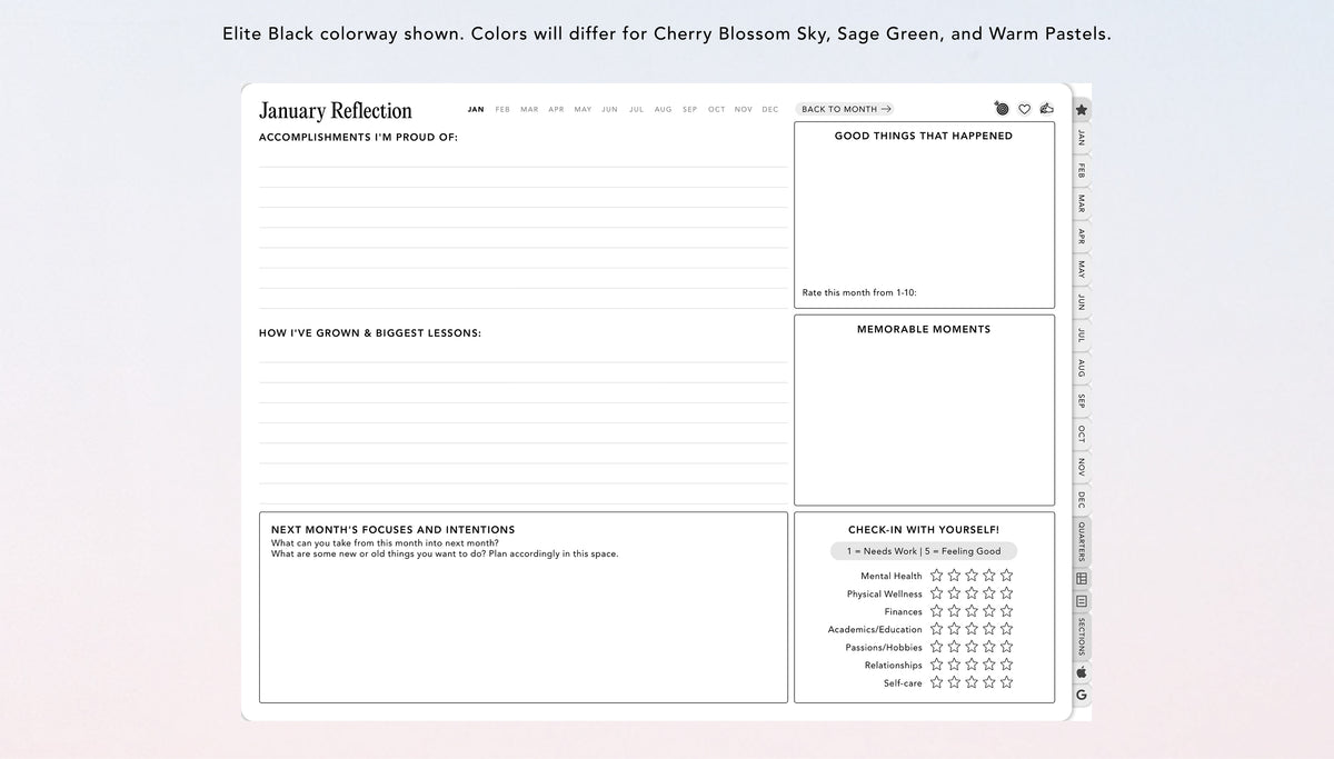 A preview of a digital planner page titled 'January Reflection' with multiple lined and text boxes for prompts, shown on a pale pink background. The page has a white base with black text and gray line accents.