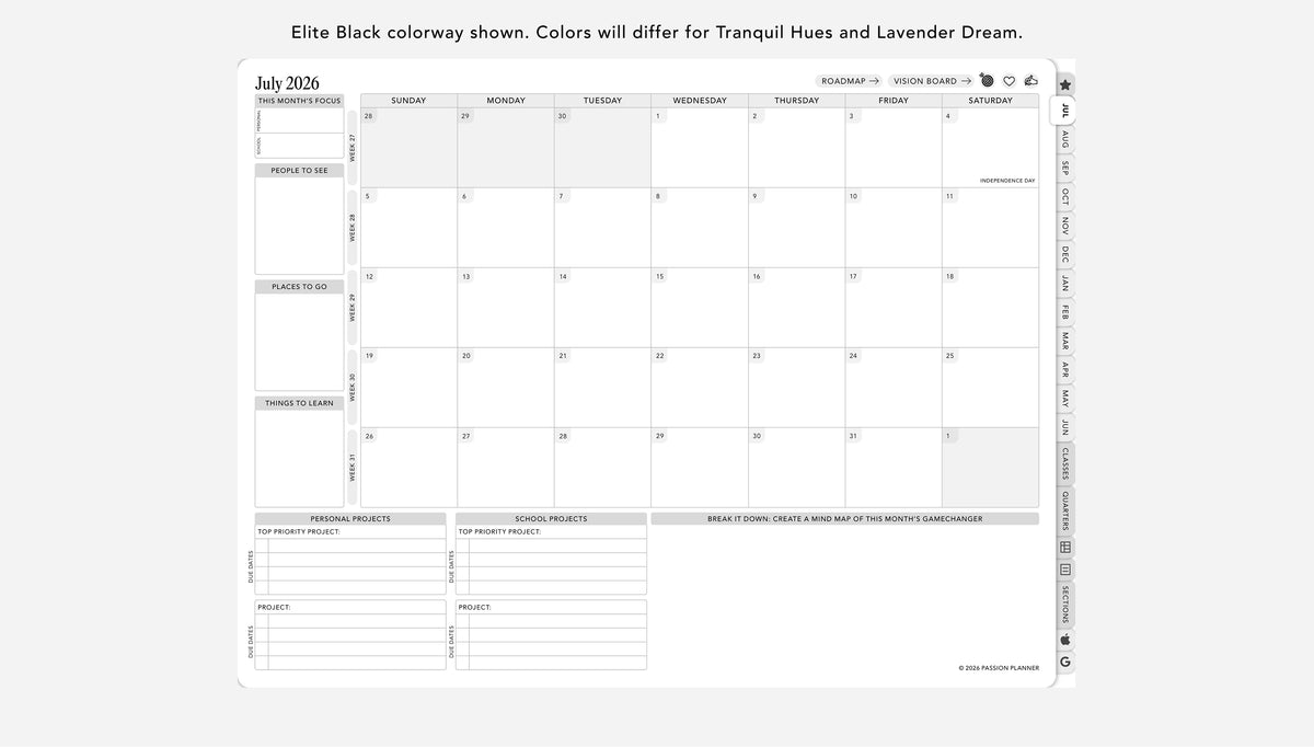 Digital student planner monthly calendar layout