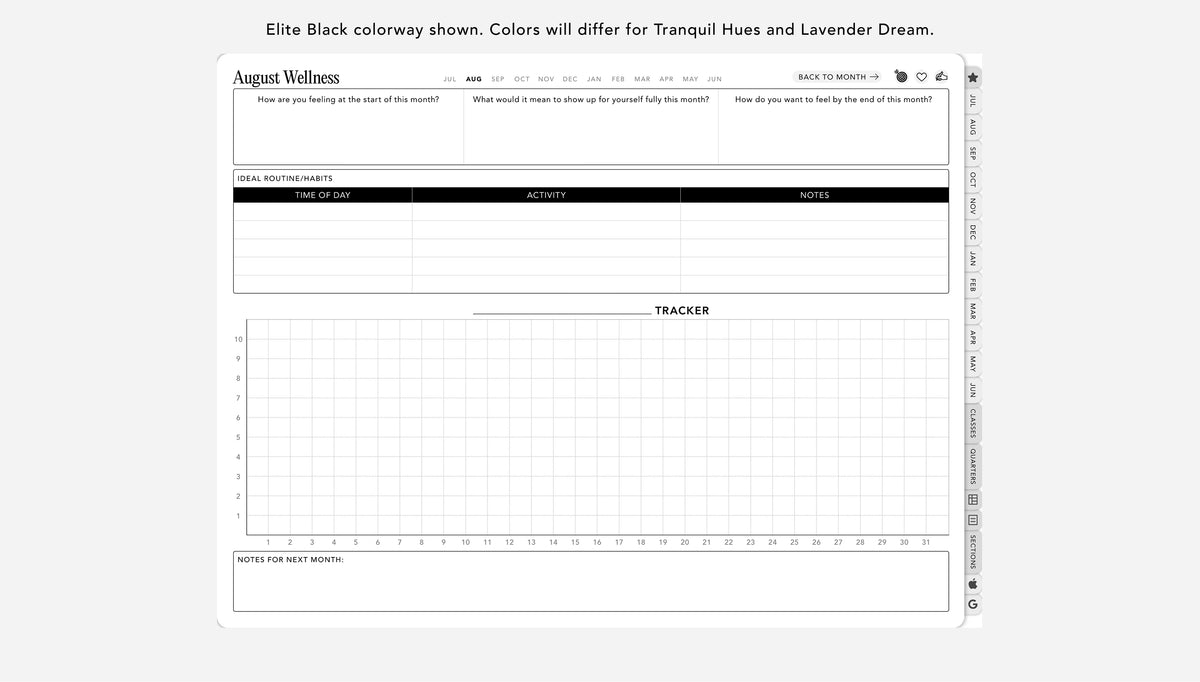 Digital student planner monthly wellness tracker