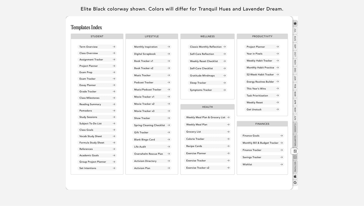 Digital student planner templates index with 6 theme categories