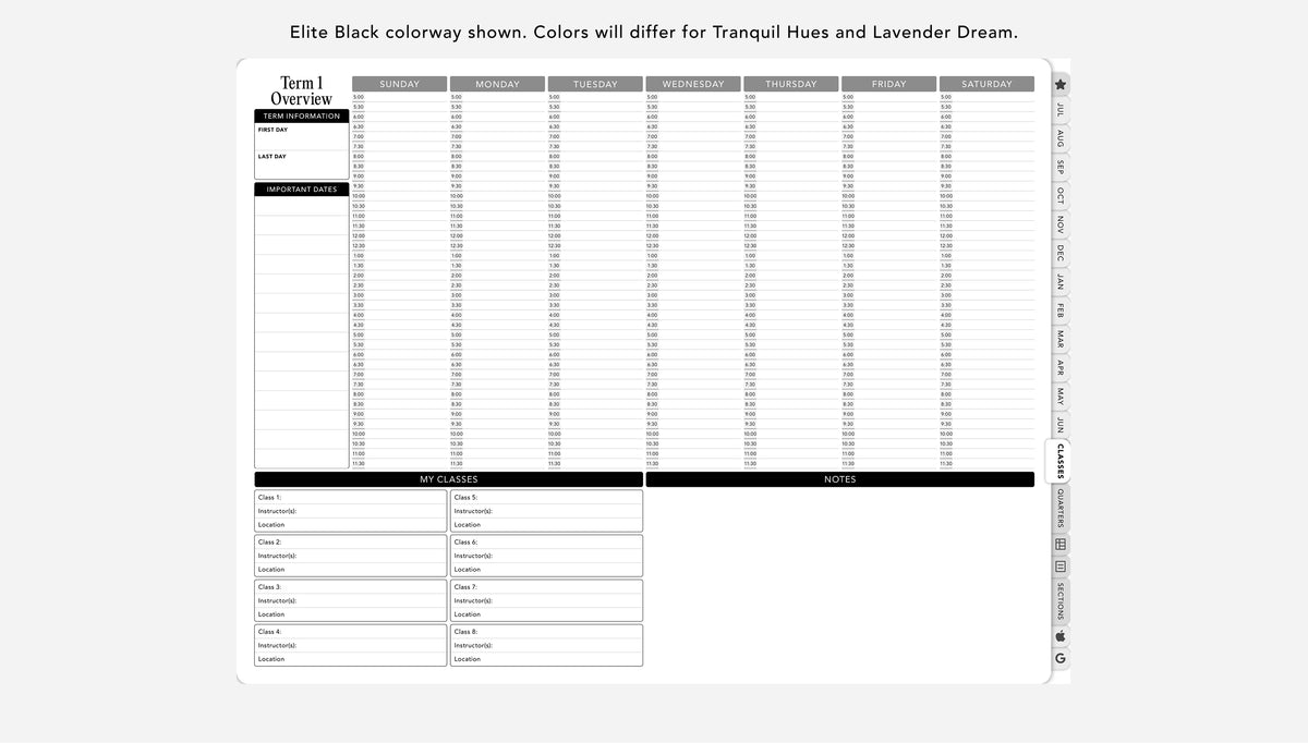 Digital student planner term overview for schedule and class tracking