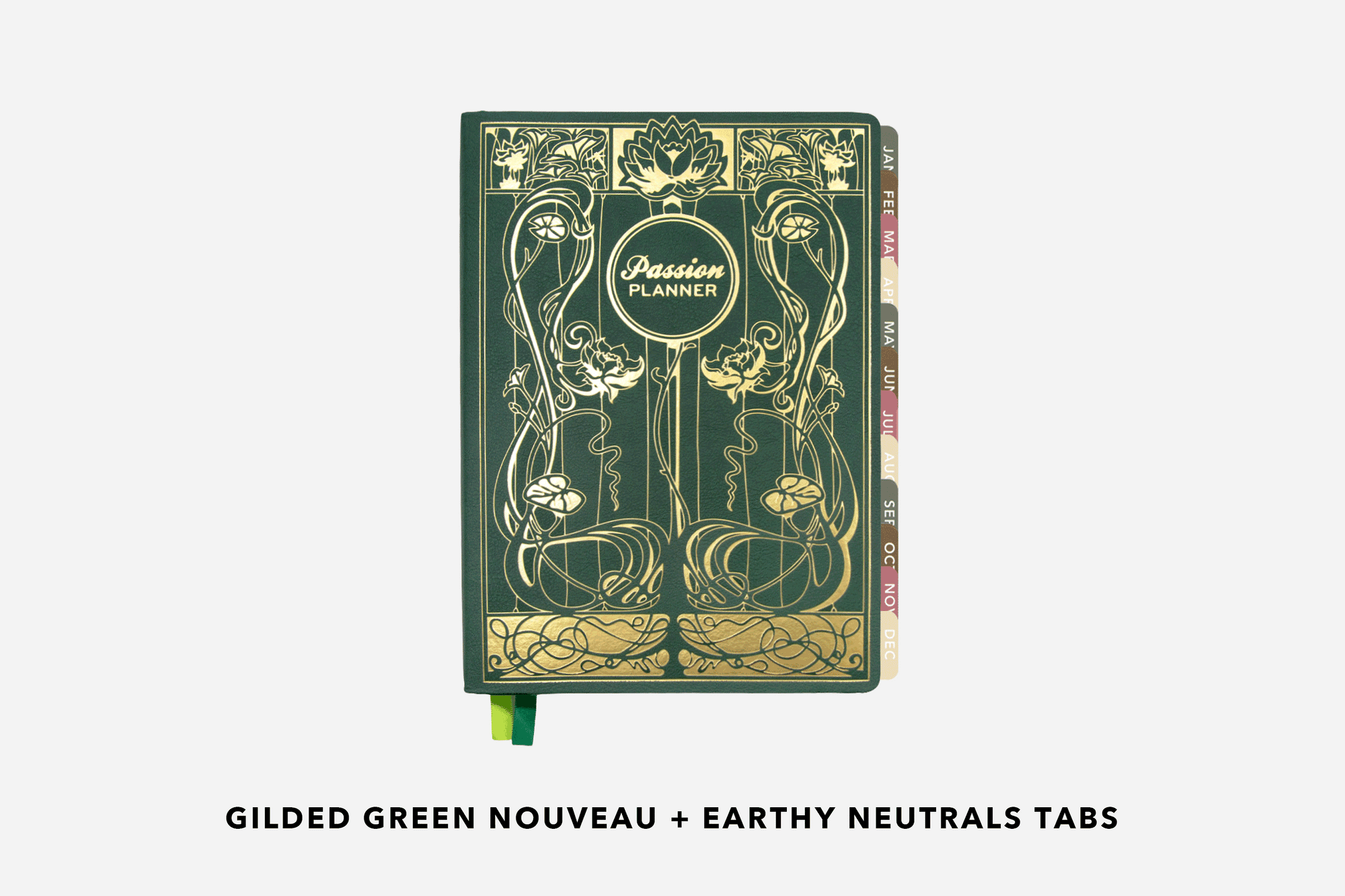 A 2027 Gilded Green Nouveau Planner with a variety of tab combinations.