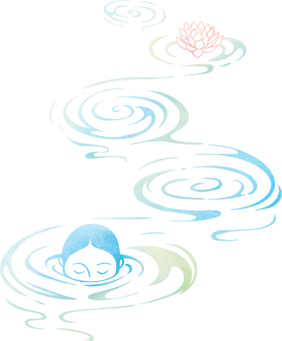 Minimalist graphic illustration featuring a serene figure with closed eyes in light blue water ripples, a pink lotus flower, and soft green and blue swirls on a transparent background.