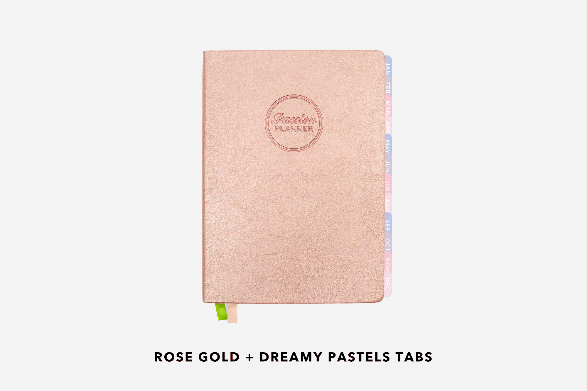 A 2027 Rose Gold Planner with a variety of tab combinations.