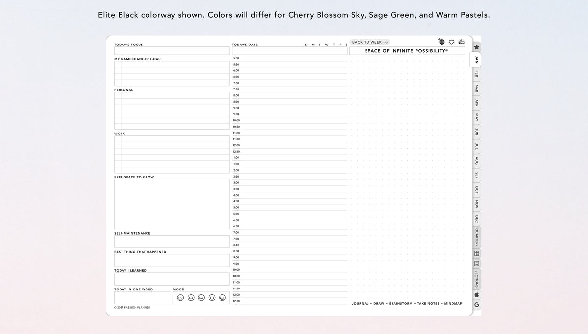 A digital daily planner or journal page template shown on a light pink ombre background.