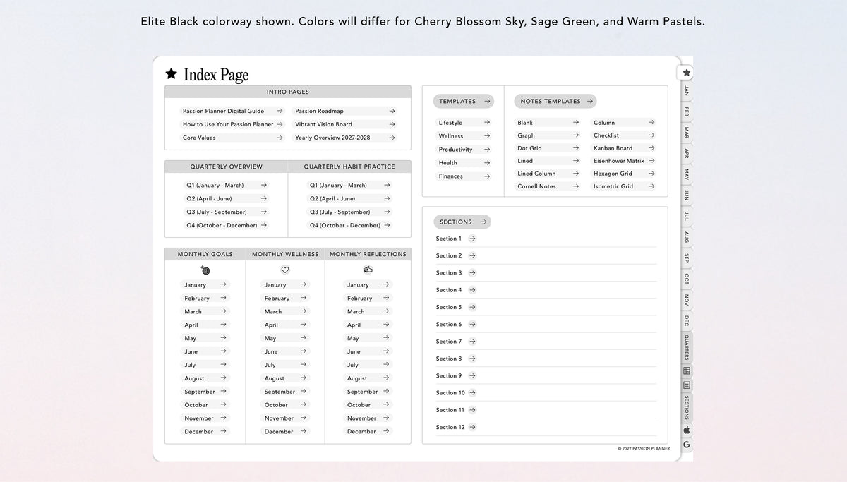 A digital planner or agenda template preview titled 'Index Page' with groups of clickable hyperlinks.
