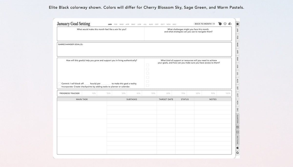 A digital monthly goal-setting worksheet template, titled 'January Goal Setting,' shown on a light pastel gradient background. The template features clean black text and grid lines on a white sheet, with a monthly tab menu on the right.