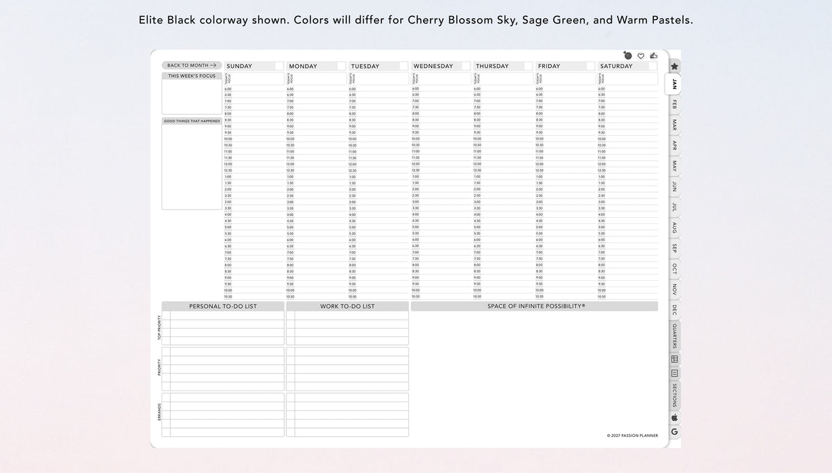 A digital weekly planner page template shown on a light gradient background.