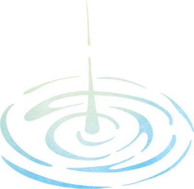 A minimalist graphic illustration of a single drop of water falling into a pool, creating concentric ripples. The design features a light blue and pale green watercolor texture on a transparent background.