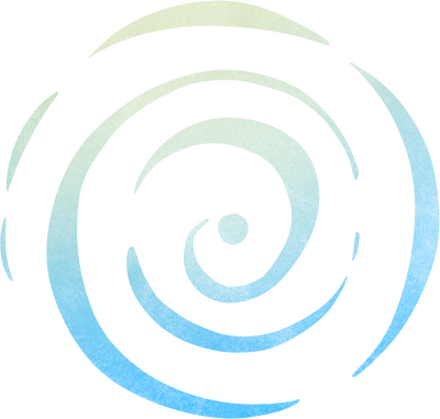 A circular spiral graphic with a watercolor texture, featuring a gradient transition from pale green at the top to light blue at the bottom, set against a transparent background.