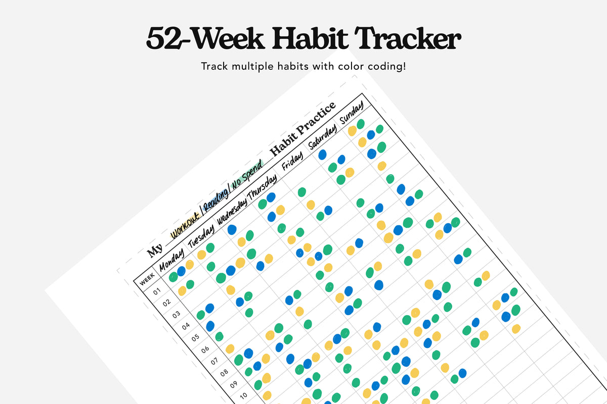 52-week color coded habit tracker 