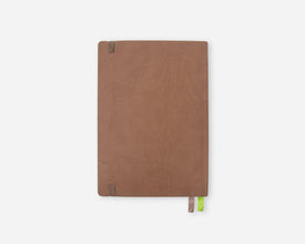A brown faux leather planner cover with a small green bookmark ribbon peeking out from the bottom, shown on a light gray background.
