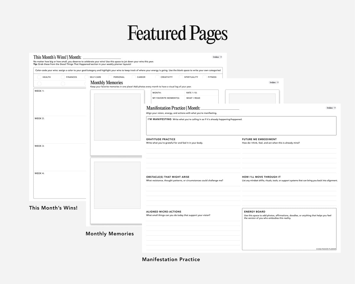 A digital preview page titled 'Featured Pages' showing journal pages like monthly memories and manifestation practices arranged on a light gray background.