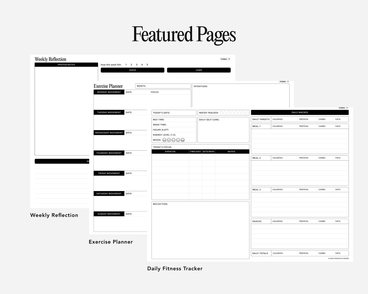 A product preview graphic showing several digital journal pages arranged on a light gray background under the heading 'Featured Pages.' The visible page types include Weekly Reflection, Exercise Planner, and Daily Fitness Tracker.
