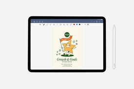 Tablet displaying digital growth and goals sticker book with a star illustration on a white background