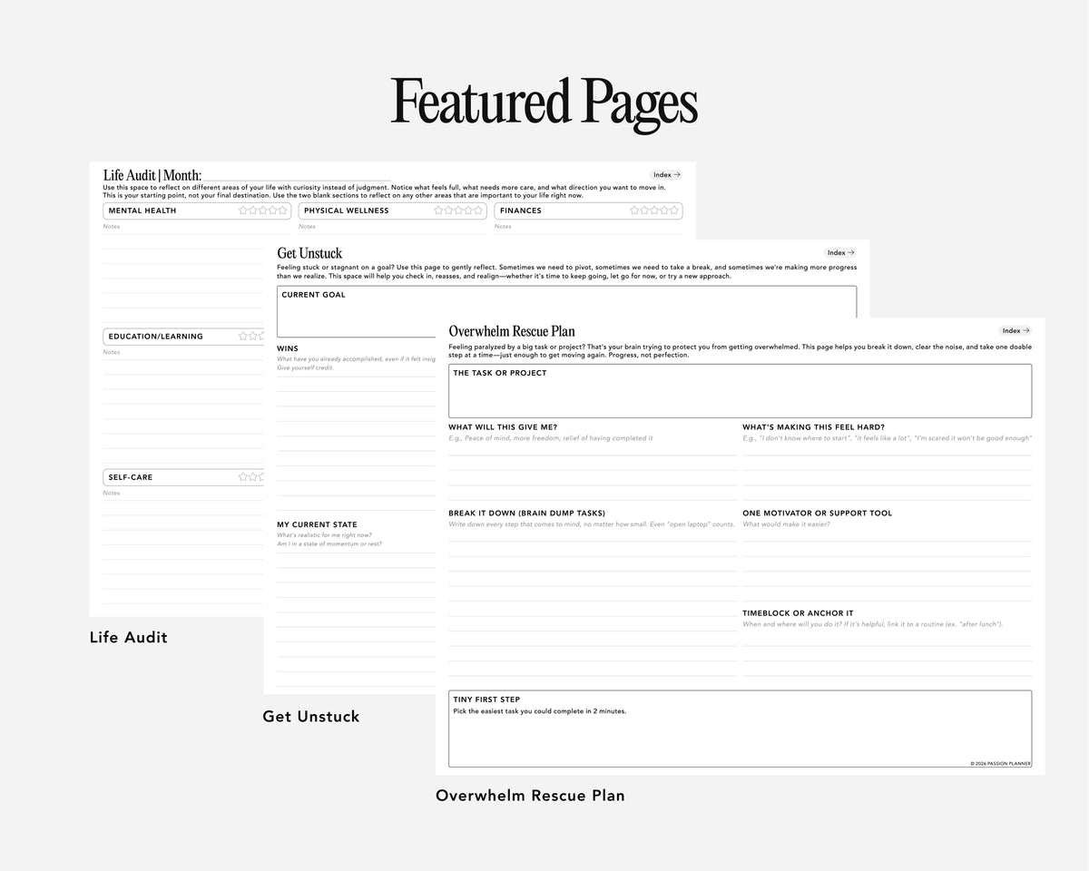 A 'Featured Pages' preview for a digital journal with several labeled pages such as Life Audit, Get Unstuck, and Overwhelm Rescue Plan, shown on a light gray background.