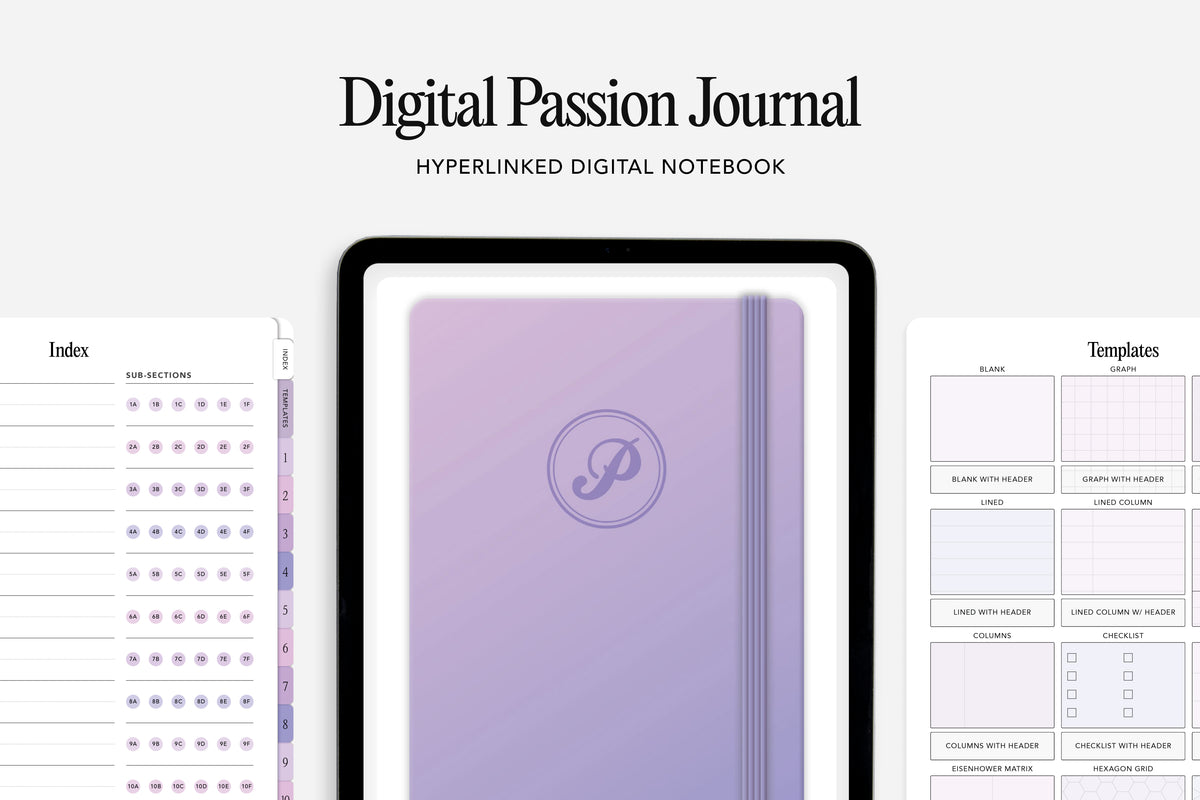 Digital Passion Journal with a purple gradient cover and digital interface elements on a white background.