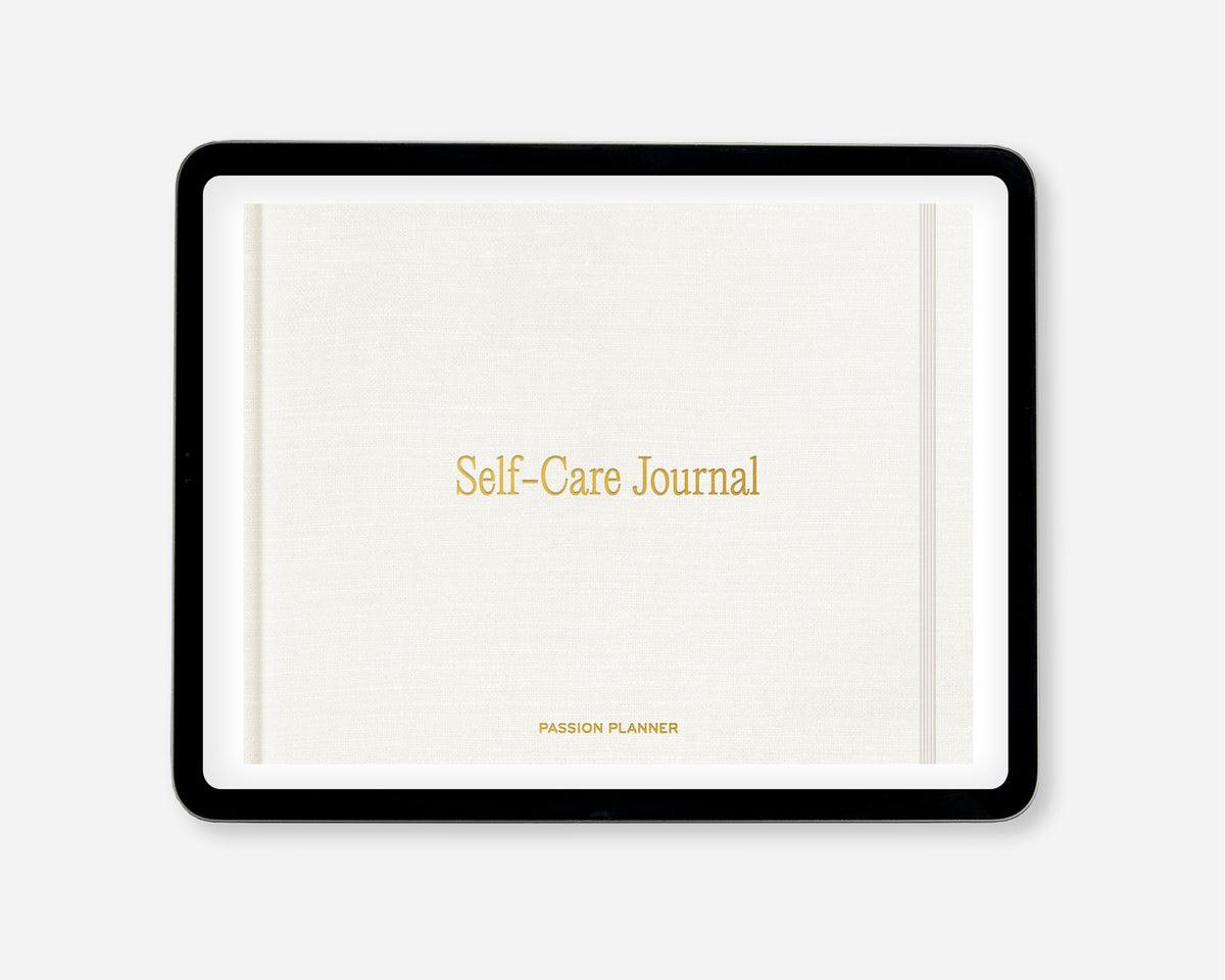 A digital self-care journal with a white cover shown on a tablet screen and gold text reading 'Self-Care Journal' and 'PASSION PLANNER' on a light gray background.