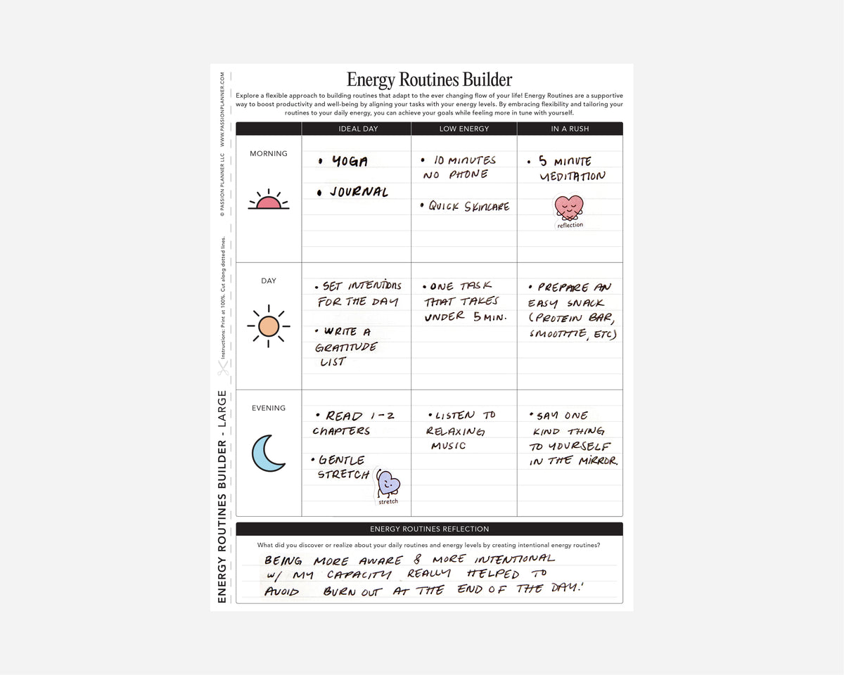 Energy Routines Builder planner sheet with daily activities listed on a white background