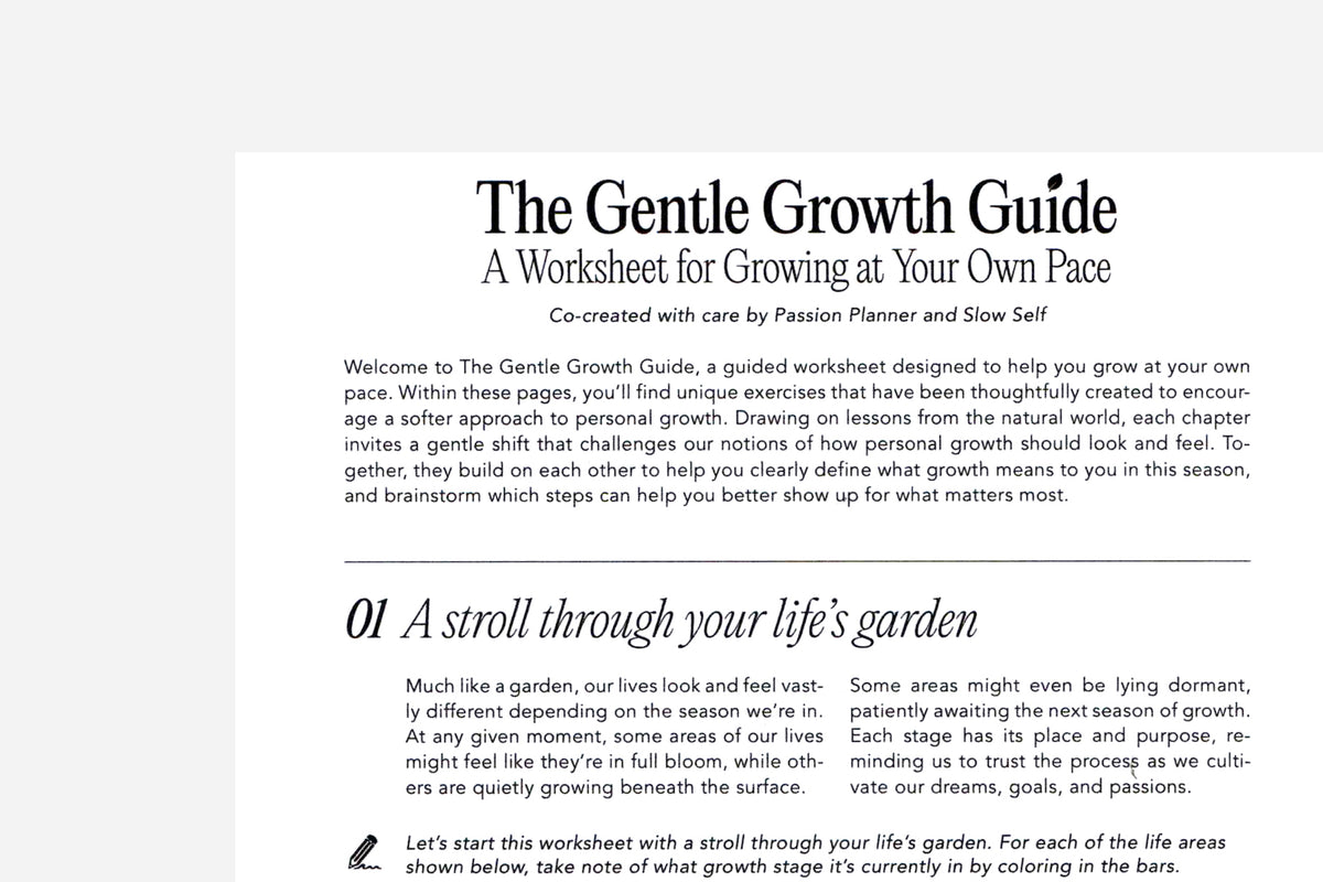 Cover page of 'The Gentle Growth Guide' worksheet on a white background