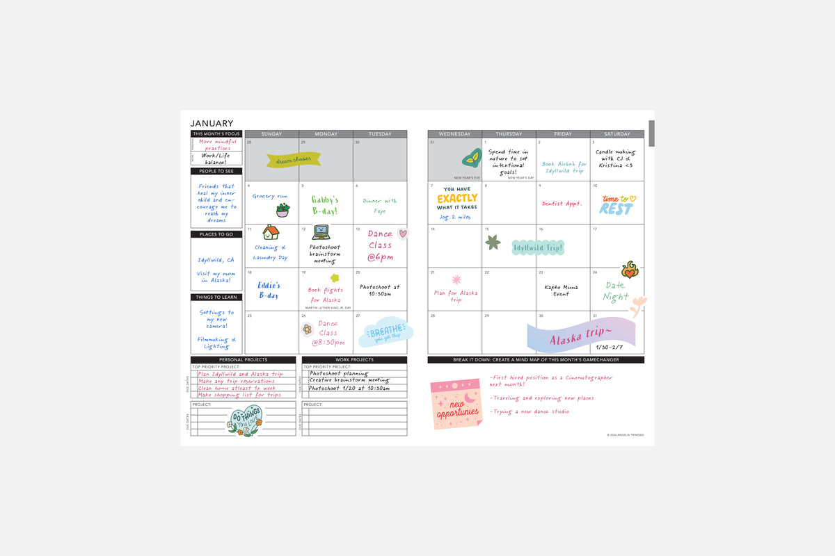 January monthly calendar with various dates and labels on a white background