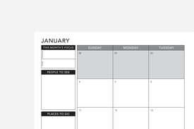 Calendar for January with space for monthly focus, people to see, and places to go.