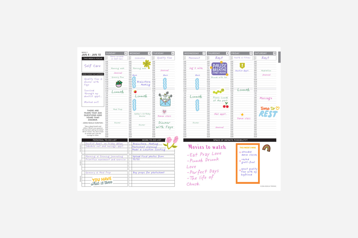 Filled in weekly 2026 planner layout on a white background