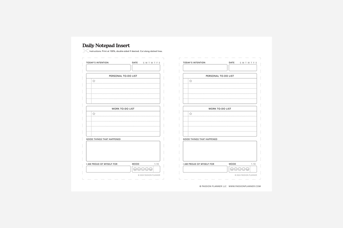 daily notepad insert sample layout