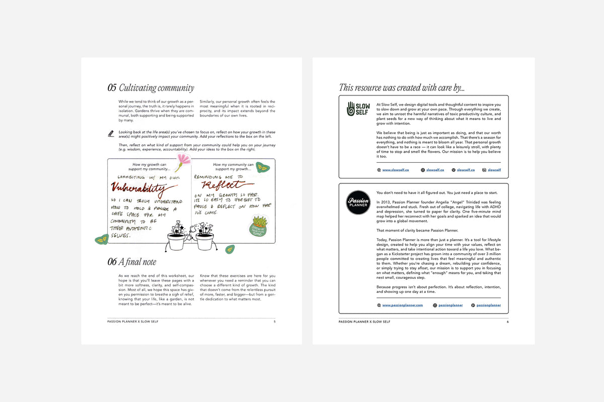 Two pages from The Gentle Growth Guide with text and minimal graphics on a white background.