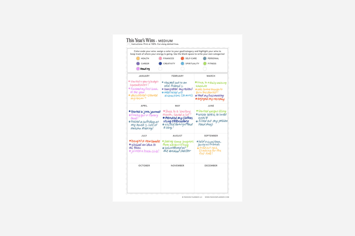 Full view of a printable pdf titled 'this year's wins' filled out with colorful markers.