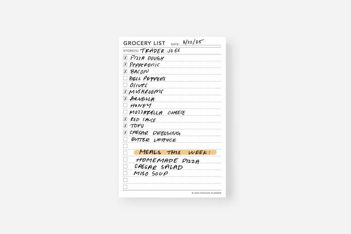 grocery list notepad filled in