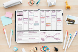 weekly planner layout with water and fitness trackers