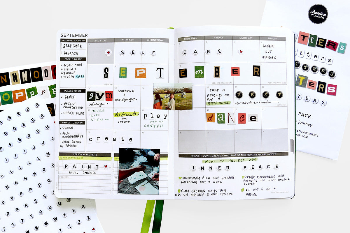 Monthly planner layout with letters stickers