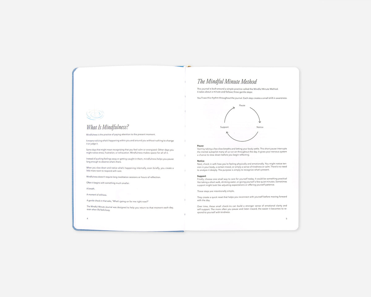 An open Mindful Minute Journal spread on a light gray background, showing printed text pages with headings such as 'What Is Mindfulness?' and 'The Mindful Minute Method'. The pages are white with black and gray text. 