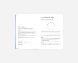 An open Mindful Minute Journal spread on a light gray background, showing printed text pages with headings such as 'What Is Mindfulness?' and 'The Mindful Minute Method'. The pages are white with black and gray text. 