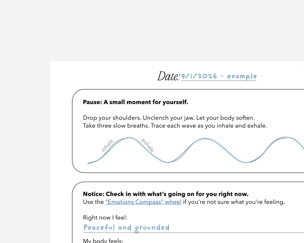 A close-up of a printed mindfulness journal page with handwritten notes and a blue line drawing showing inhalation and exhalation waves. The page includes prompts about pausing and using the Emotions Compass wheel.