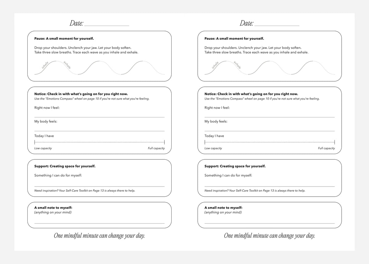 A set of 2 white printable mindfulness journal pages arranged in a 2x2 grid on a light gray background. Each page has a date line at the top and several rounded rectangular prompts with short text and small sketch lines, designed for daily reflection.