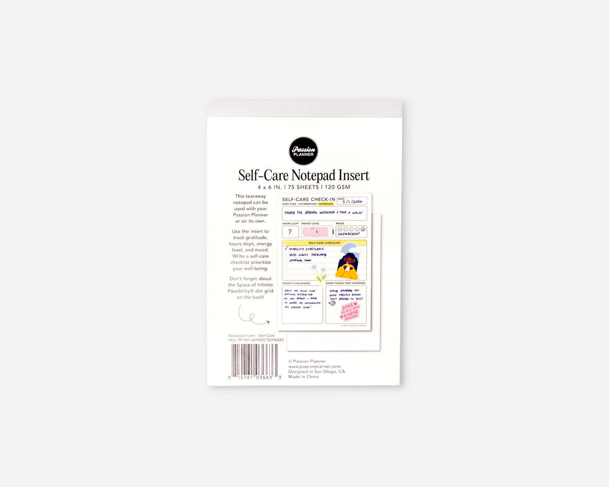 A package of Passion Planner Self-Care Notepad Inserts shown on a light gray background. The white backing card features the black Passion Planner logo and product name, along with a small preview of the colorful notepad pages inside.