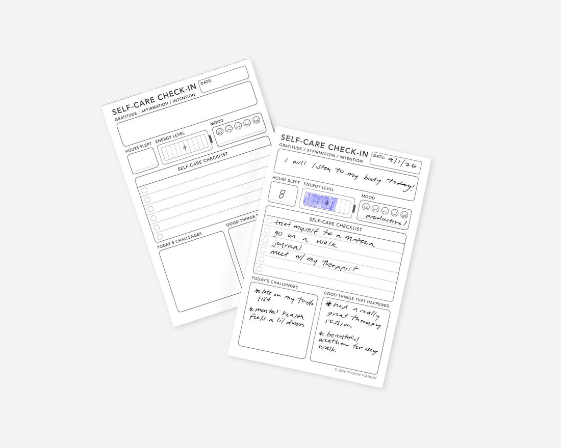 Two self-care check-in sheets shown on a light gray background, one blank and one with handwritten notes.