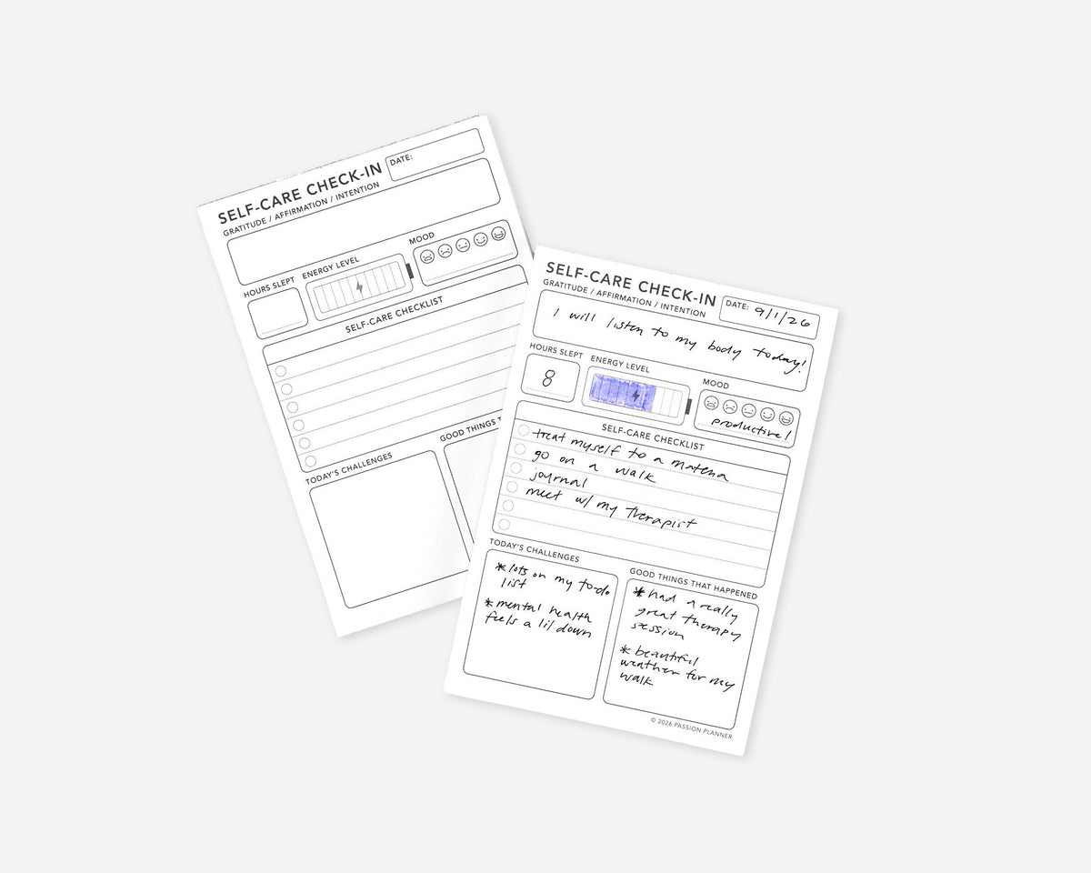 Two self-care check-in sheets shown on a light gray background, one blank and one with handwritten notes.