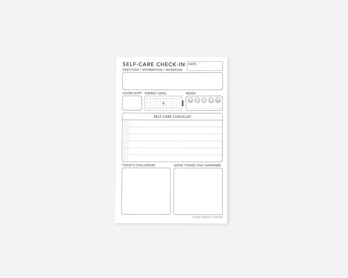 A white self-care check-in notepad sheet with black printed text, checkboxes, and simple line guides, centered on a light gray background.