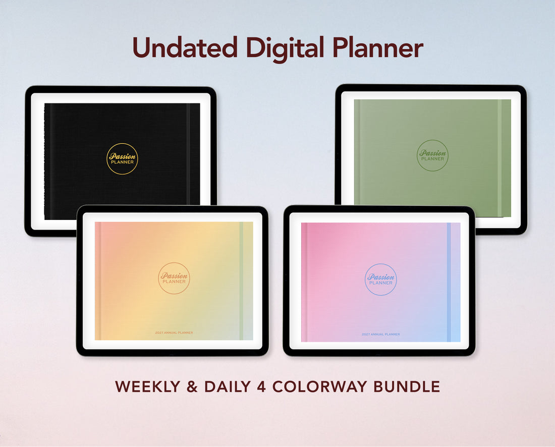 Four digital planner covers displayed in a grid with the text &