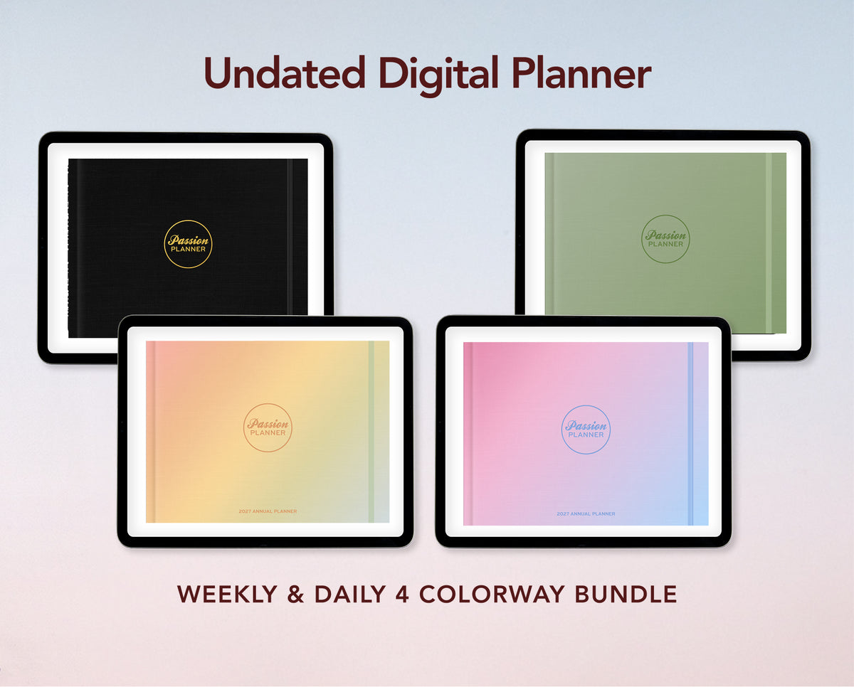 Four digital planner covers displayed in a grid with the text 'Undated Digital Planner' at the top and 'WEEKLY & DAILY 4 COLORWAY BUNDLE' at the bottom. The covers show black, sage green, peach-to-yellow gradient, and pink-to-blue gradient color options.