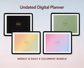 Four digital planner covers displayed in a grid with the text 'Undated Digital Planner' at the top and 'WEEKLY & DAILY 4 COLORWAY BUNDLE' at the bottom. The covers show black, sage green, peach-to-yellow gradient, and pink-to-blue gradient color options.