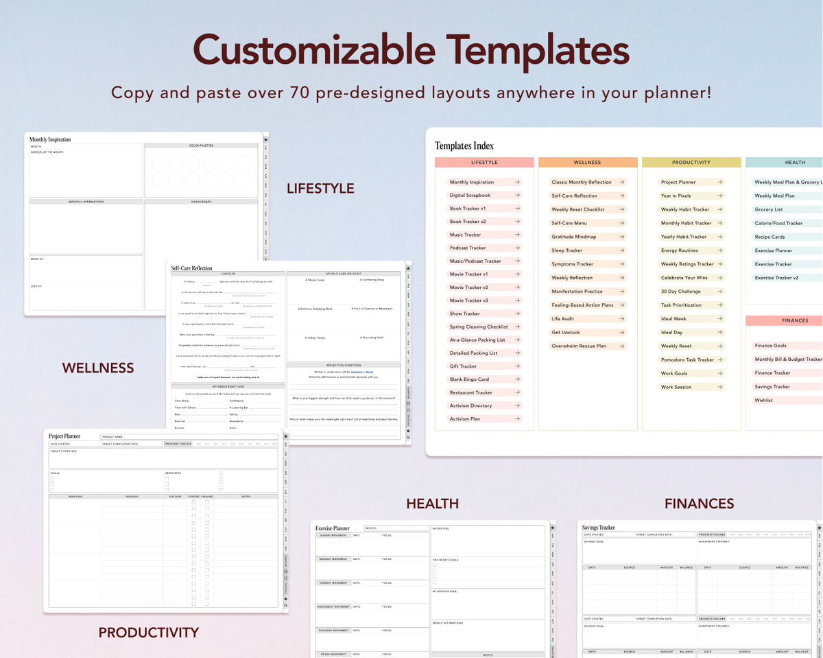 A promotional graphic for customizable digital planner templates, showing the heading 'Customizable Templates' and several sample template pages arranged on a pale blue gradient background. Visible categories include Lifestyle, Wellness, Productivity, Health, and Finances.