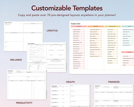 A promotional graphic for customizable digital planner templates, showing the heading 'Customizable Templates' and several sample template pages arranged on a pale blue gradient background. Visible categories include Lifestyle, Wellness, Productivity, Health, and Finances.