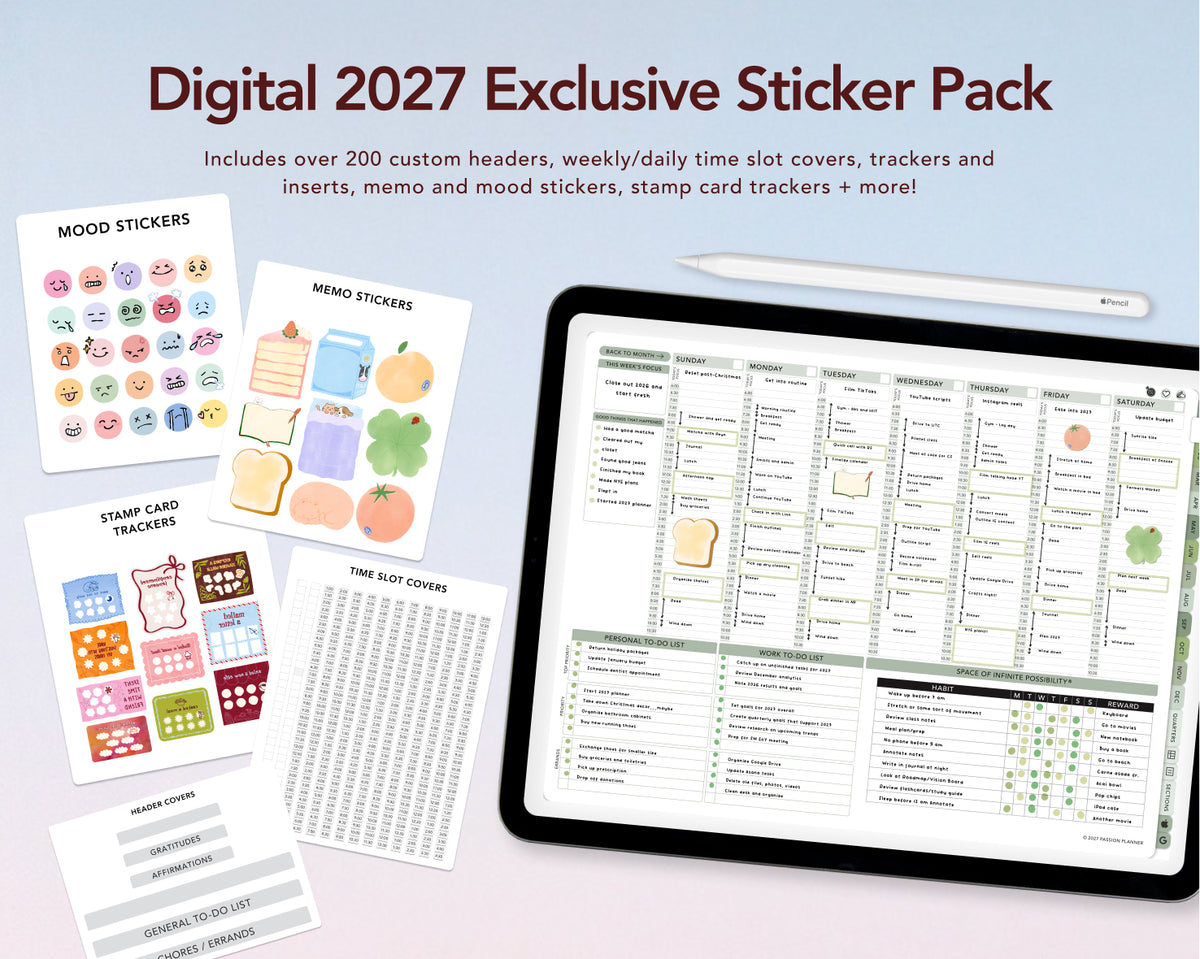 Digital 2027 Exclusive Sticker Pack preview shown on a tablet screen with several sample sticker sheets and trackers laid out beside it on a pale blue background.