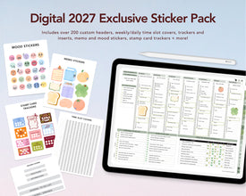 Digital 2027 Exclusive Sticker Pack preview shown on a tablet screen with several sample sticker sheets and trackers laid out beside it on a pale blue background.