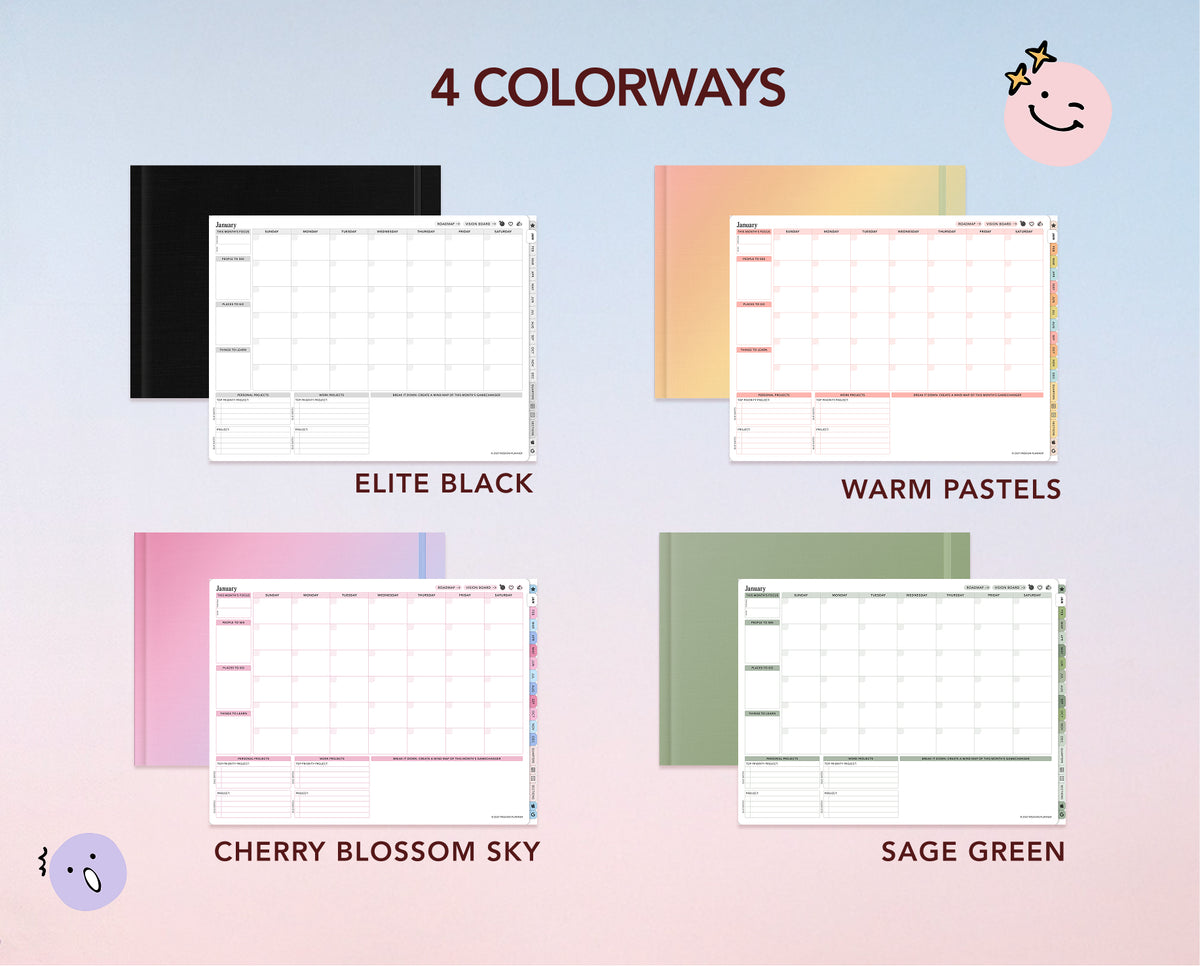 A promotional graphic showing four color options for a digital planner or calendar template, labeled '4 COLORWAYS' with 'ELITE BLACK', 'WARM PASTELS', 'CHERRY BLOSSOM SKY', and 'SAGE GREEN' beneath each planner and planner cover example.