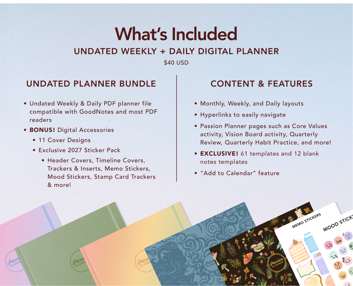 A promotional graphic for an undated weekly and daily digital planner bundle, showing text detailing included PDF files, bonus digital accessories, a 2027 sticker pack, and content features, with sample planner pages and stickers illustrated at the bottom.